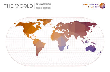 Vector map of the world. Eckert III projection of the world. Purple and Orange colored polygons. Modern vector illustration.