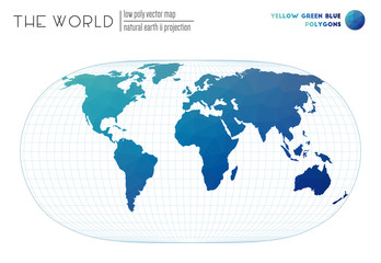 Polygonal world map. Natural Earth II projection of the world. Yellow Green Blue colored polygons. Creative vector illustration.