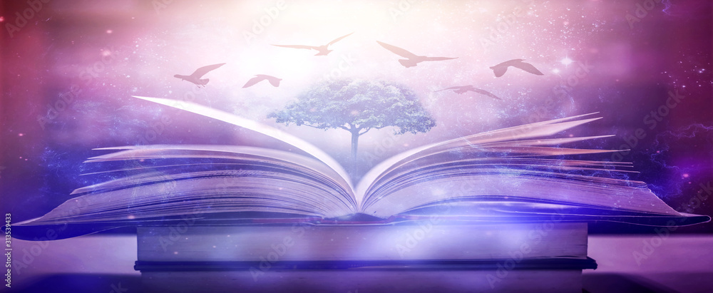 Poster imagine a picture book of an ancient book opened on a wooden table with a sparkling golden backgroun