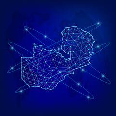 Global logistics network concept. Communications network map of Zambia on the world background. Map of Zambia with nodes in polygonal style. EPS10. 
