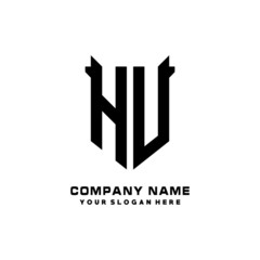 HU Initial letter Shield vector Logo Template Illustration Design, black and white color