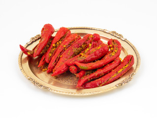 Indian Homemade Red Chilli Pickle Also Know as Mirchi Ka Achar, Loncha or Laal Mirch Ka Achar