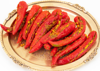 Indian Homemade Red Chilli Pickle Also Know as Mirchi Ka Achar, Loncha or Laal Mirch Ka Achar