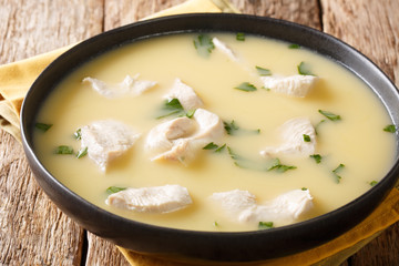 Chikhirtma is a boiled chicken and broth dish popular throughout Georgia as a family meal and also as a hangover cure close-up. Horizontal