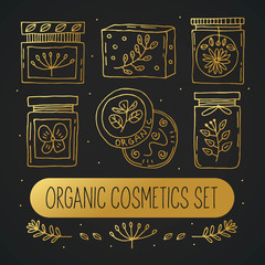 Natural cosmetics doodle vector clipart, set of isolated elements. Herbs. Organic ingredients. Eco friendly, vegetarian, vegan cosmetics, farmacy. Sticker, icon, symbol. Elegant golden design. 