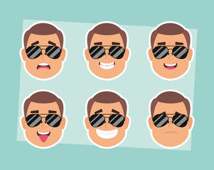 group of man faces with sunglasses characters
