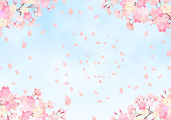  水彩　手描き風　桜と空の背景イラスト　02 © fuwari