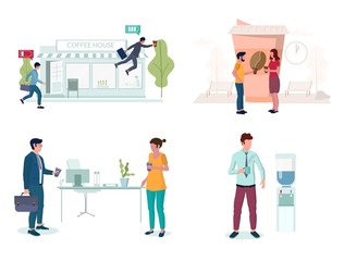 Office people taking coffee break set, vector illustration