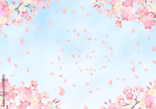 水彩 手描き風 桜と空の背景イラスト 02 April Poster Apr Fuwari