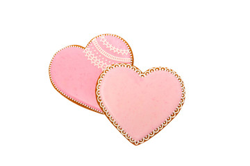 background from pink cookies heart shaped with different patterns, isolated on the white