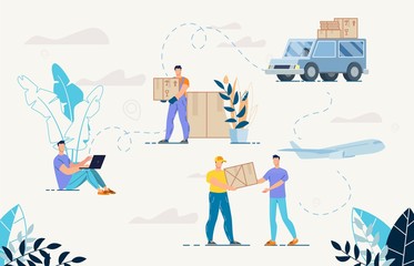 Shopping Online Goods Delivery Service Set. Man Sitting with Laptop Buying via Internet, Courier Giving Box to Customer, Shipping Truck with Cardboard Packages, Deliveryman Handing Wrapped Appliance