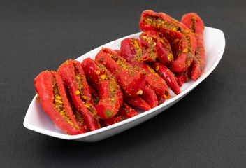 Indian Homemade Red Chilli Pickle Also Know as Mirchi Ka Achar, Loncha or Laal Mirch Ka Achar