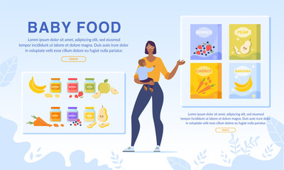 Order Online Baby Food Delivery Service Webpage. Dry Sour-Milk, Dairy-Free, Milk Mixtures, Cereals in Paper Packages, Prepared Mashed Puree in Bottle Jar with Fruits Vegetables. Organic Nutrition