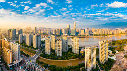 Obraz premium The urban scenery of the CBD of the strait financial street and the CBD of the south of the Yangtze river in fuzhou city, fujian province, China