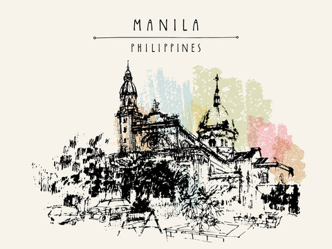 The Manila Cathedral. Intramuros, Manila, The Philippines, Asia. Hand drawn vintage postcard or poster