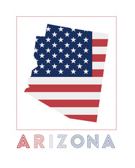 Arizona Logo. Map of Arizona with us state name and flag. Neat vector illustration.