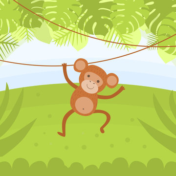 Cute Monkey Hanging on a Vine in Tropical Forest Vector illustration