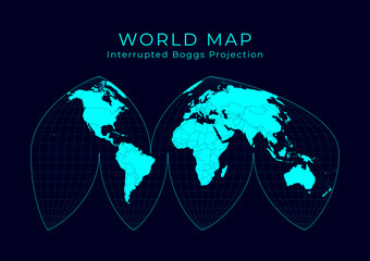 Map of the World. Boggs' interrupted eumorphic projection. Futuristic infographic world illustration. Bright cyan colors on dark background. Captivating vector illustration.