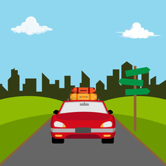 illustration of a holiday trip with a private sedan out of town flat design