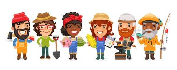 A group of people with different professions stand on a white background. Lumberjack, digger, farmer, agronomist, blacksmith and fisherman. Flat style cartoon characters.