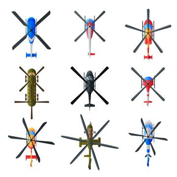Flying Helicopters Collection, View from Above, Civil and Military Air Transport Vector Illustration