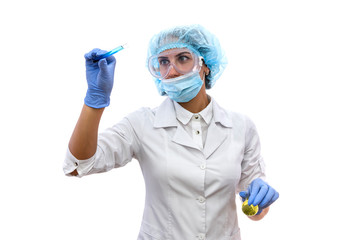 Fototapeta na wymiar Chemist in protective uniform holding and examining test tube with blue vial substance isolated on white. Woman scientist making experiment