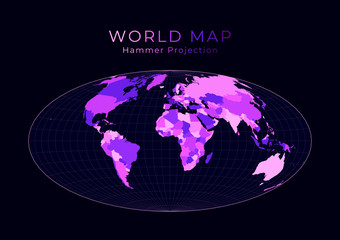 World Map. Hammer projection. Digital world illustration. Bright pink neon colors on dark background. Appealing vector illustration.