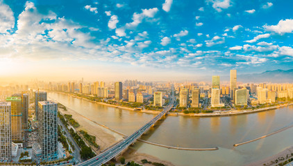 Fototapeta na wymiar The urban scenery of the CBD of the strait financial street and the CBD of the south of the Yangtze river in fuzhou city, fujian province, China