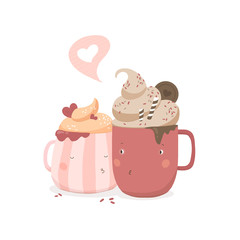 Valentine's Day Illustration of two mugs with whipped cream in love. Cartoon Cups cut out characters. 