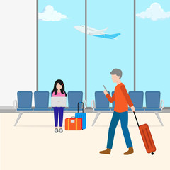 illustration waiting for flight departure time at the airport to travel flat design