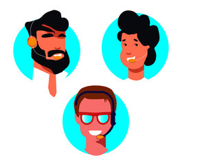 Call center customer operator avatar. Vector. Service agent representative icon in headset. Flat design. Support manager in headphone. Cartoon illustration. Face isolated on blue Circle Background