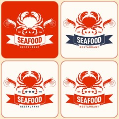 Seafood restaurant logo vector illustration set. Market emblem, crab and shrimps silhouette. Ribbon Lettering