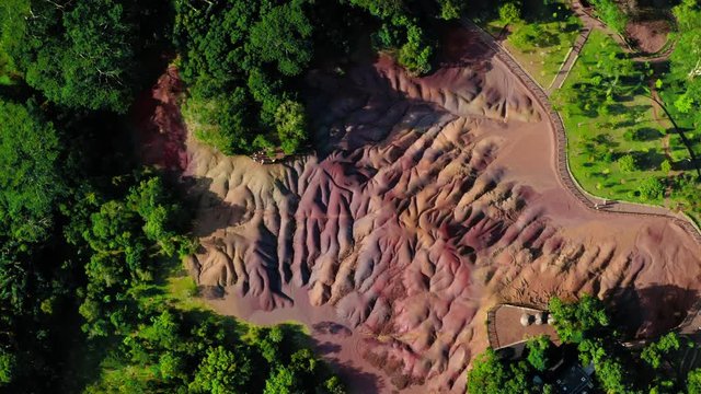 Aerial Top Down Circling over the Seven Colored Earths at the Mauritius Island.
