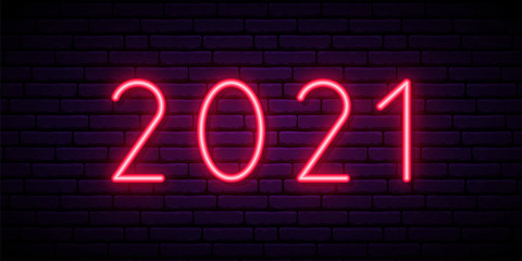 2021 neon sign, bright signboard, light banner. Logo neon, emblem. Vector illustration.