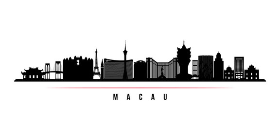 Obraz premium Macau skyline horizontal banner. Black and white silhouette of Macau. Vector template for your design.