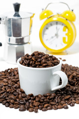 cup with coffee beans and breakfast symbols on white background, vertical