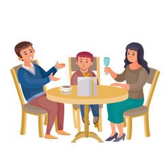 a man, a woman and a boy are sitting at a round table with a woman holding a glass in front of a man a cup of coffee on the table is a gift, vector illustration