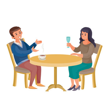 man and woman sit at a round table and have a conversation, a woman holds a glass in her hands, a cup of coffee in front of a man, vector illustration