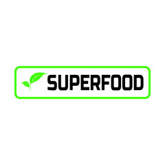 Superfood green word text with leaf for icon, sign, symbol, label, poster, badge or logo design