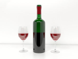 Wine bottle with glasses filled with red wine