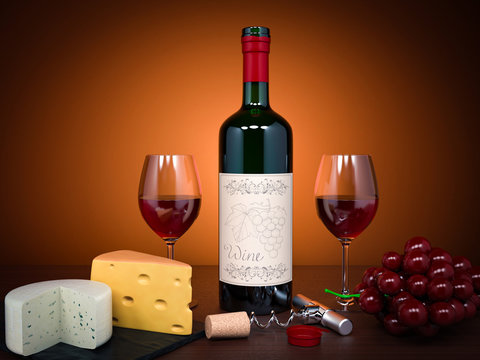 Wine set. Bottle of red wine with glasses. Served with cheese and grapes