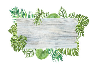 Watercolor wooden board with leaf