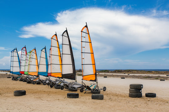 Race track on coast with blokarts in a row