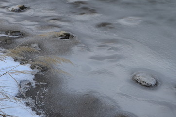 Texture beautiful patterns on ice in winter close up