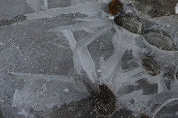 Texture beautiful patterns on ice in winter close up