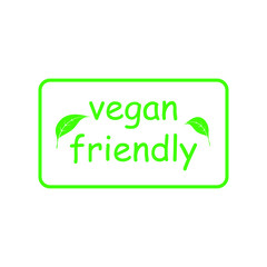Vegan friendly green word text with leaf for icon, sign, symbol, label, poster, badge or logo design