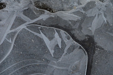 Texture beautiful patterns on ice in winter close up