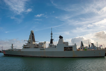 HMS Dragon (D35) is a Royal Navy Type 45 Destroyer, moored in Portsmouth, UK