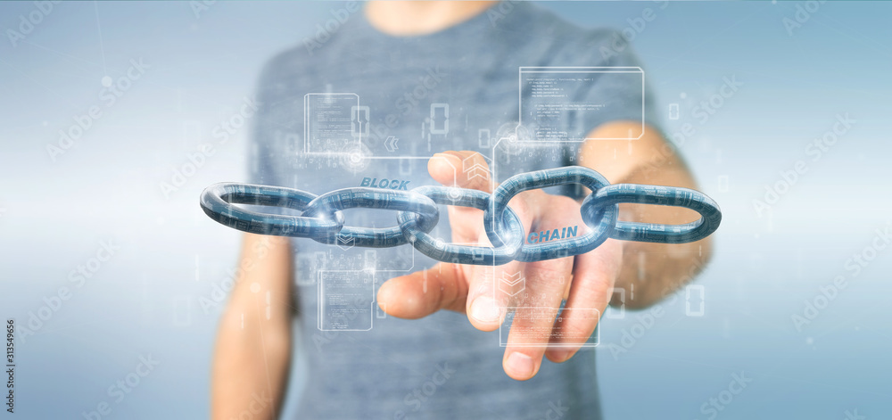 Poster businessman holding a virtual blockcahin with data - 3d rendering