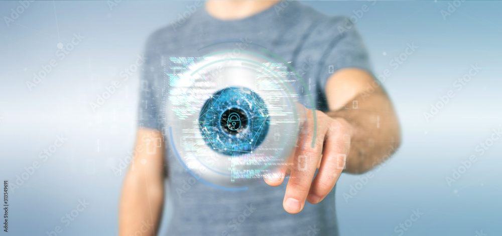 Aufkleber businessman holding a visual recognition eye concept with data - 3d rendering